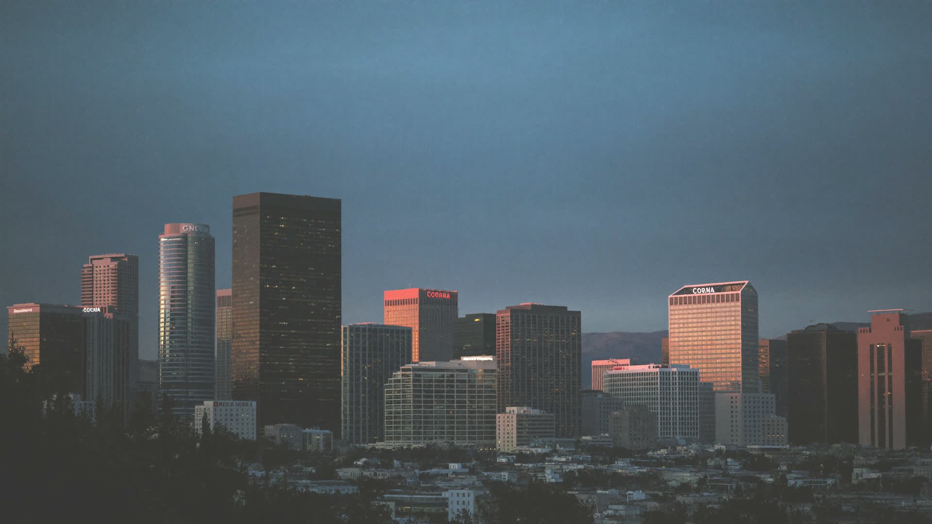 Downtown Corona skyline at dusk