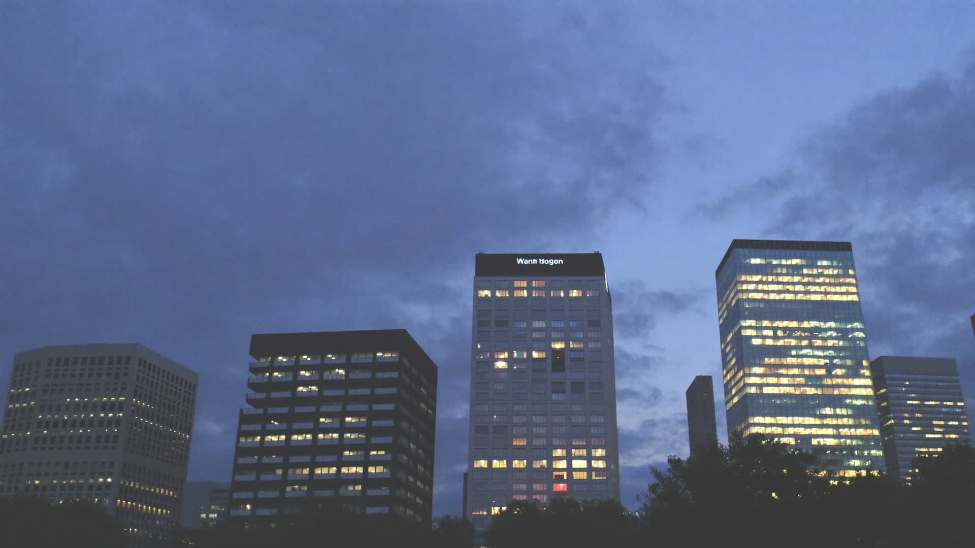 Downtown Warren skyline at dusk