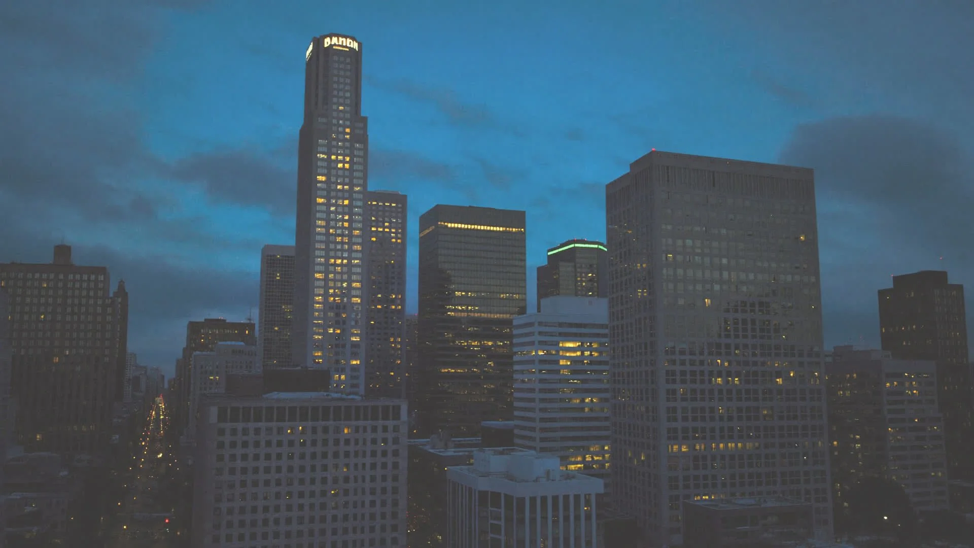 Downtown Akron skyline at dusk