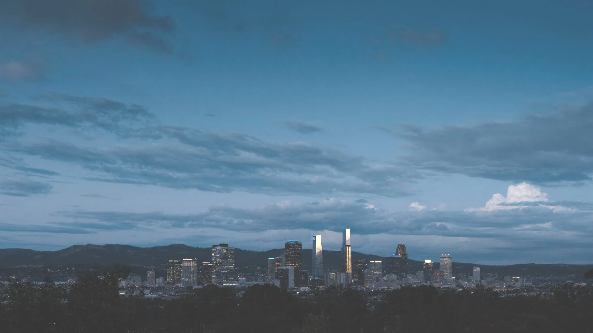 Downtown Moreno Valley skyline at dusk