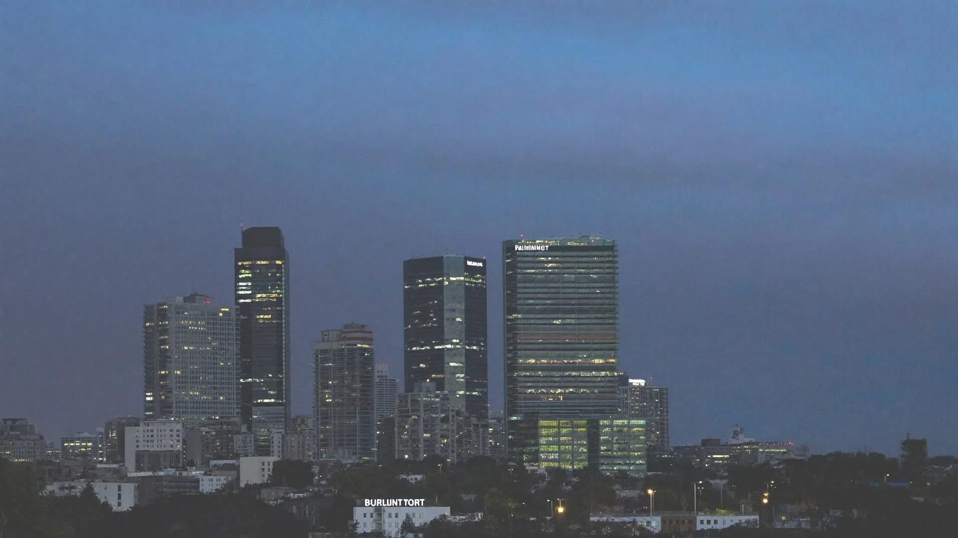 Downtown Burlington skyline at dusk