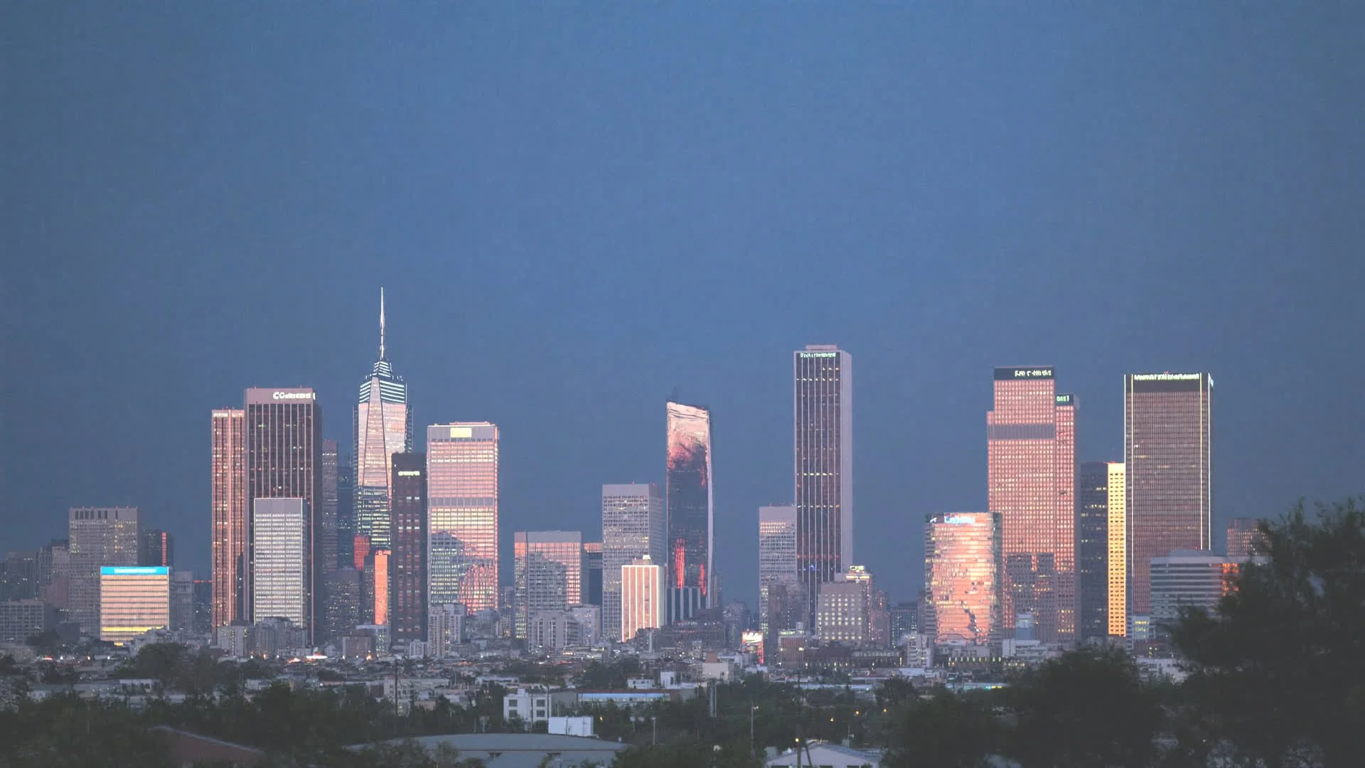 Downtown Lancaster skyline at dusk