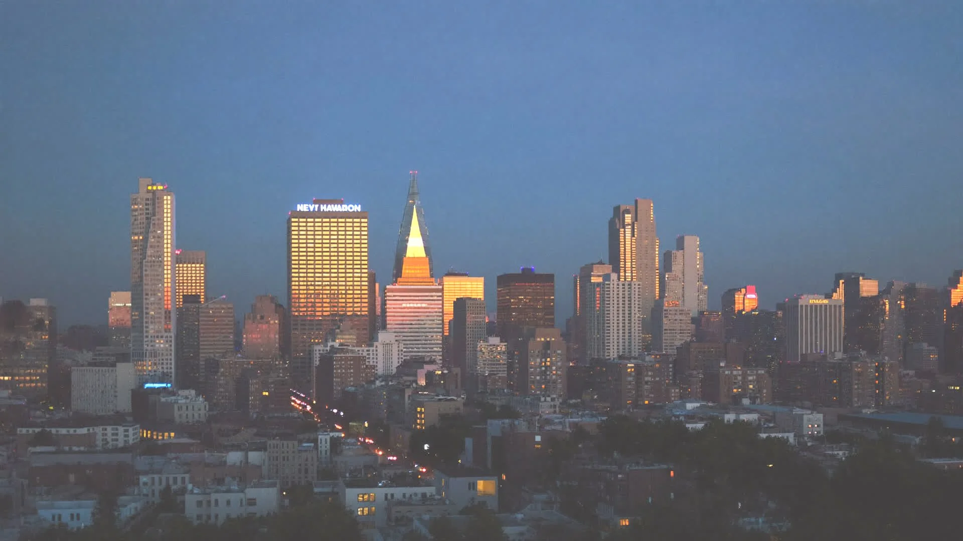 Downtown New Haven skyline at dusk