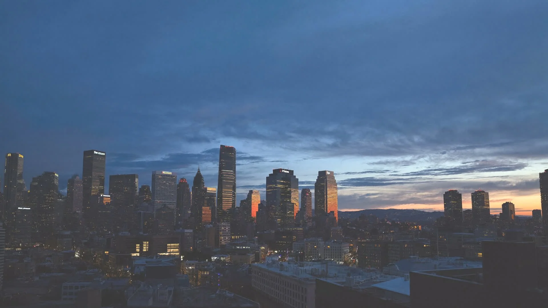 Downtown Ithaca skyline at dusk