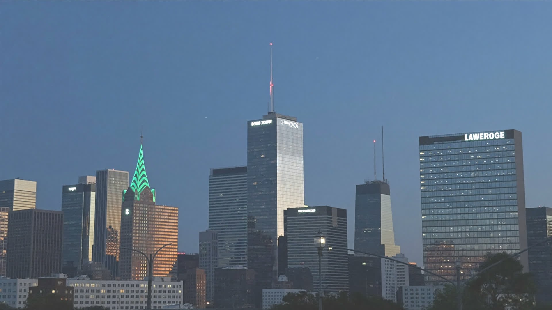 Downtown Lawrence skyline at dusk