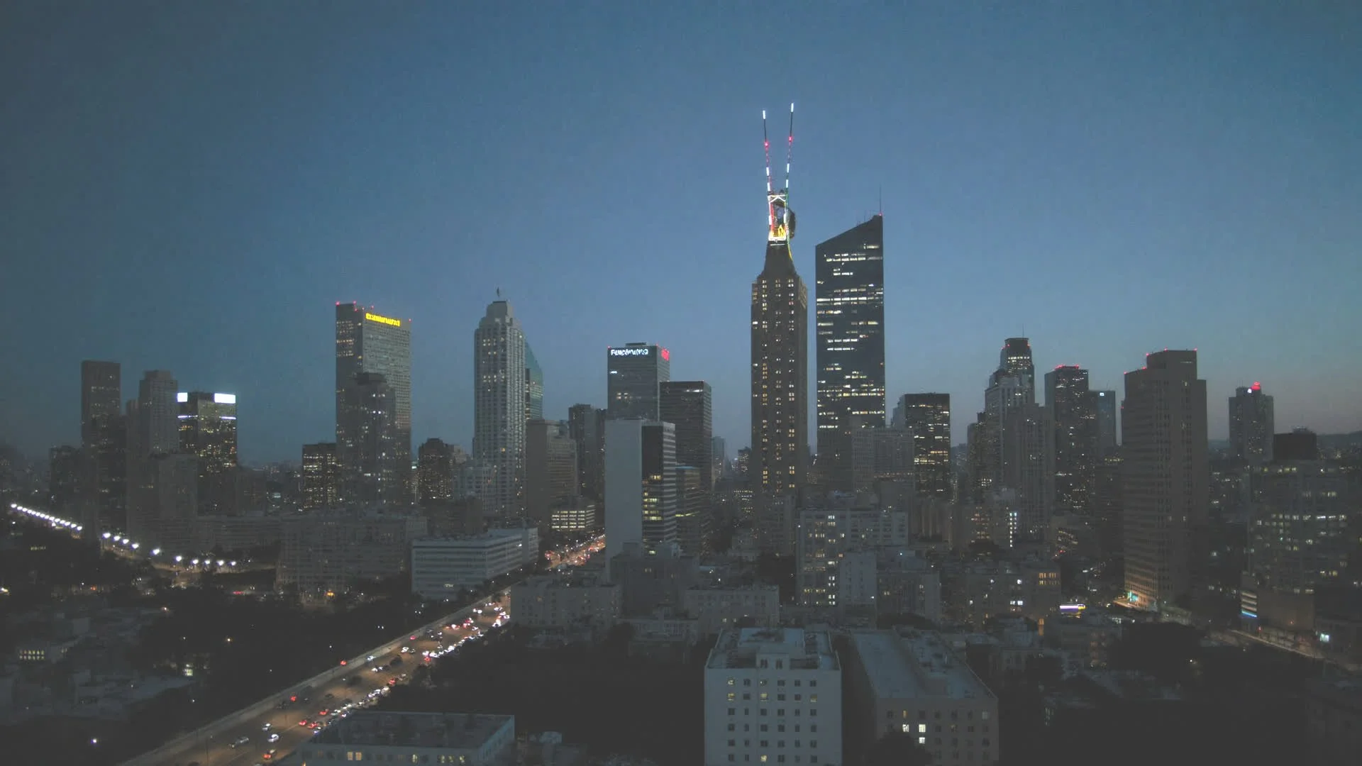 Downtown Pittsburgh skyline at dusk