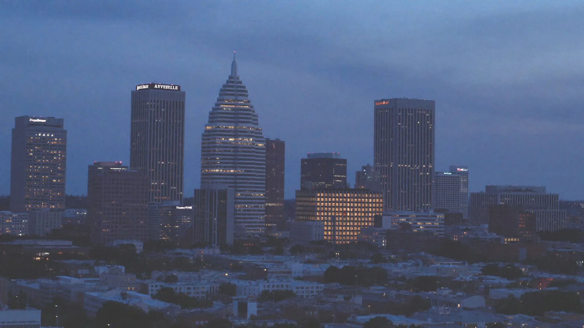 Downtown Fayetteville skyline at dusk