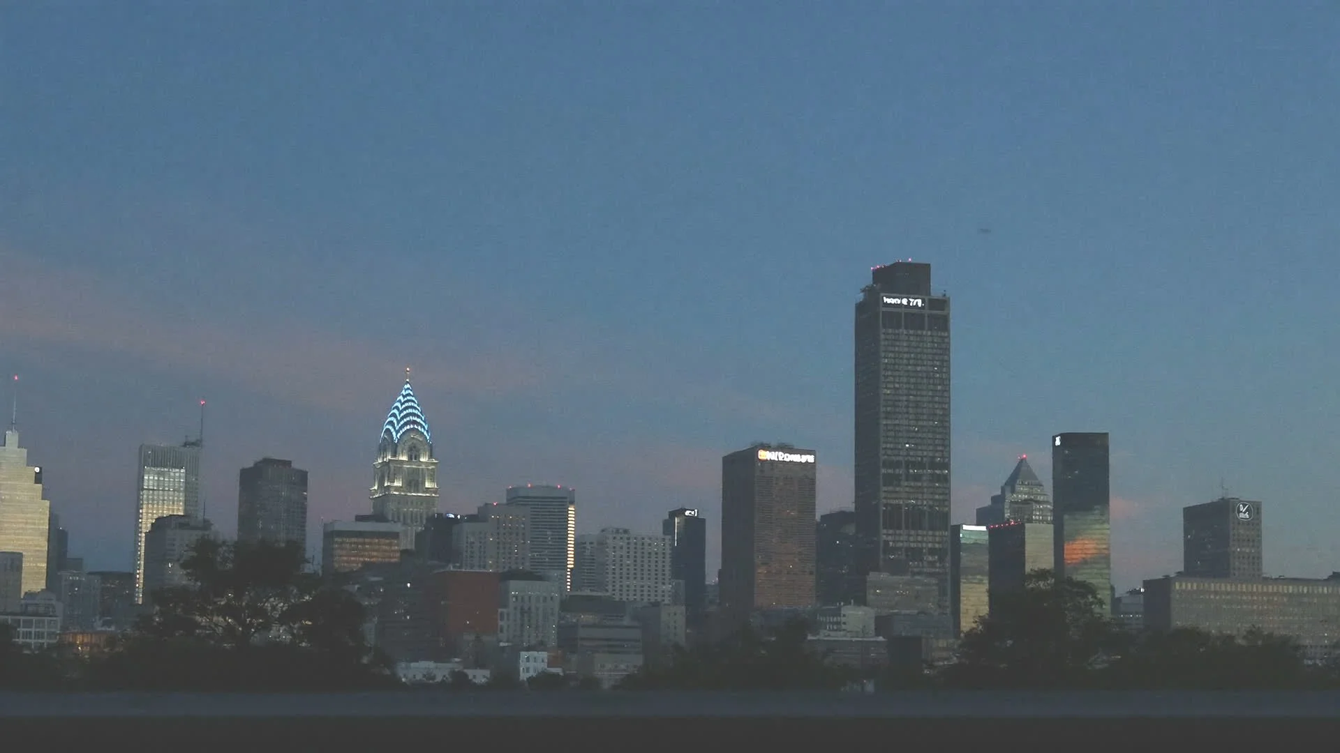 Downtown New Orleans skyline at dusk