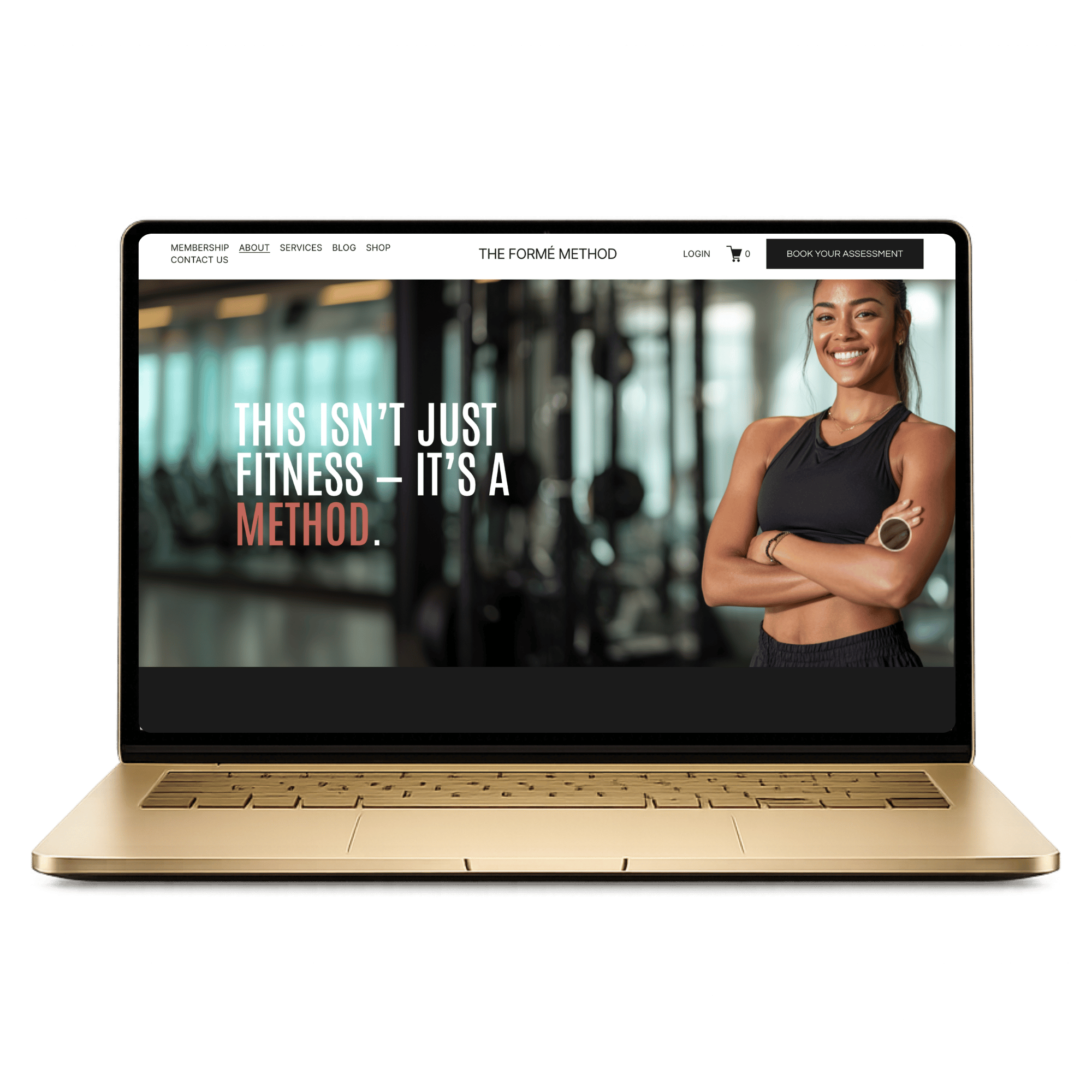 Fitness Showit template on gold laptop mockup