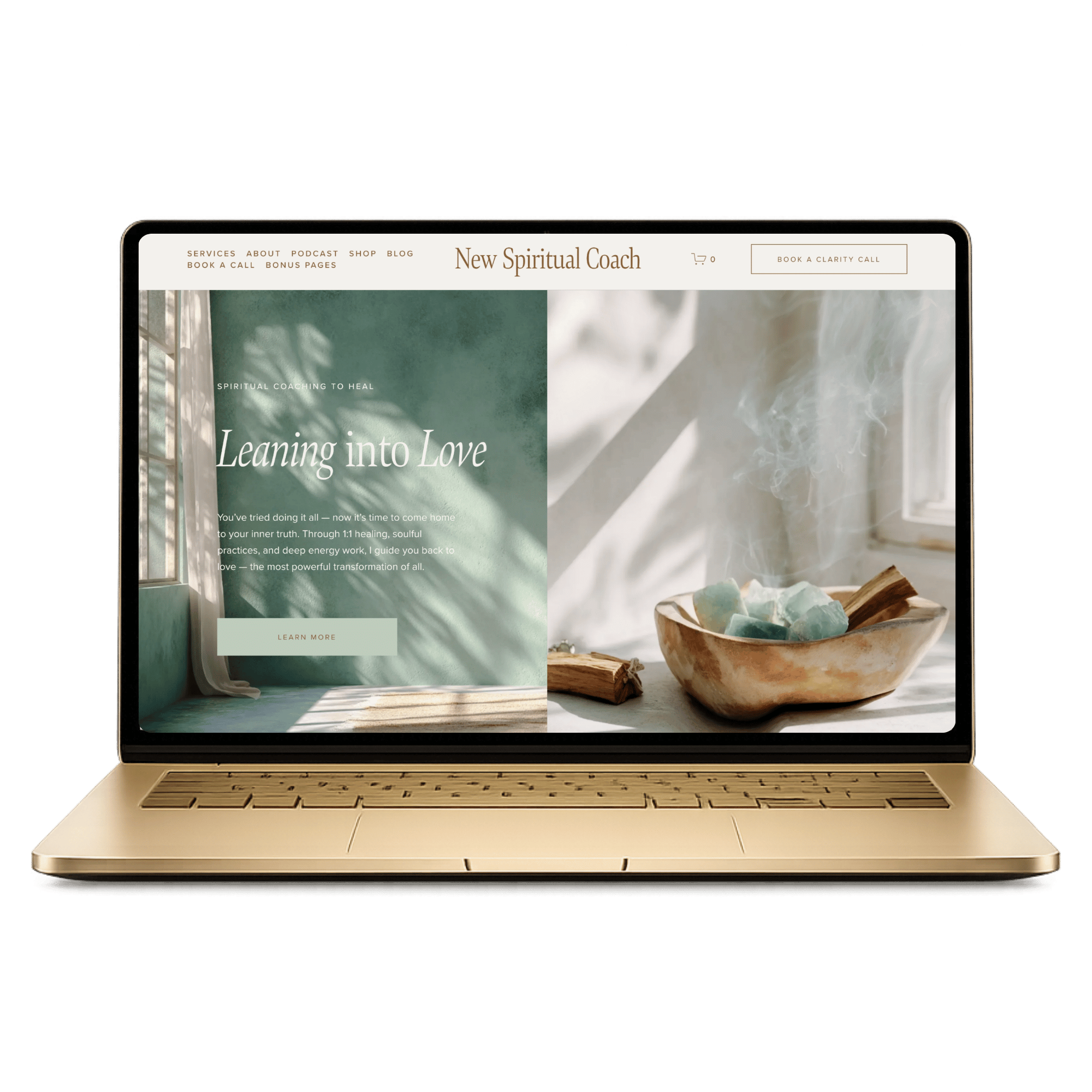 Spiritual Showit template on gold laptop mockup