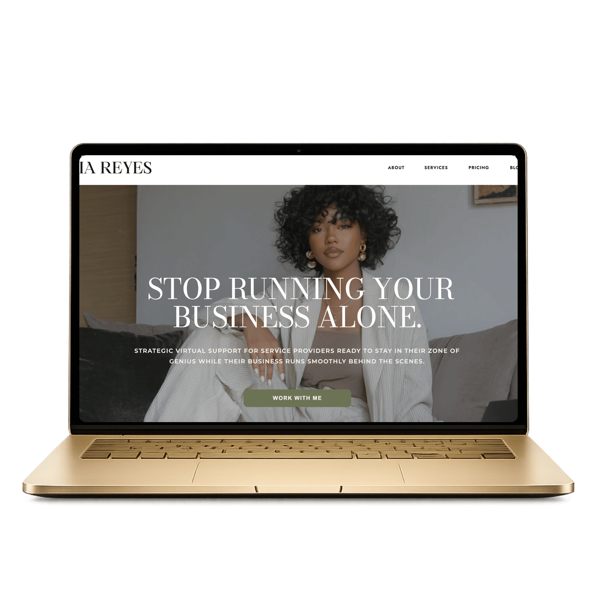 Virtual Assistant Showit template on gold laptop mockup