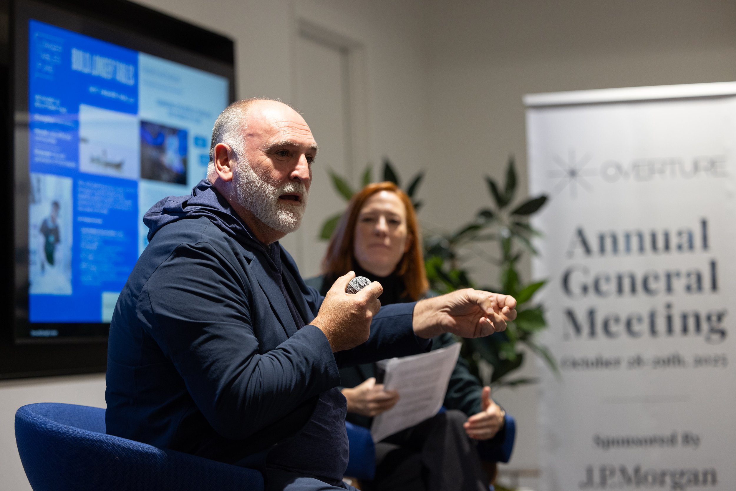 José Andrés and Jen Psaki in conversation at the 2025 Overture AGM
