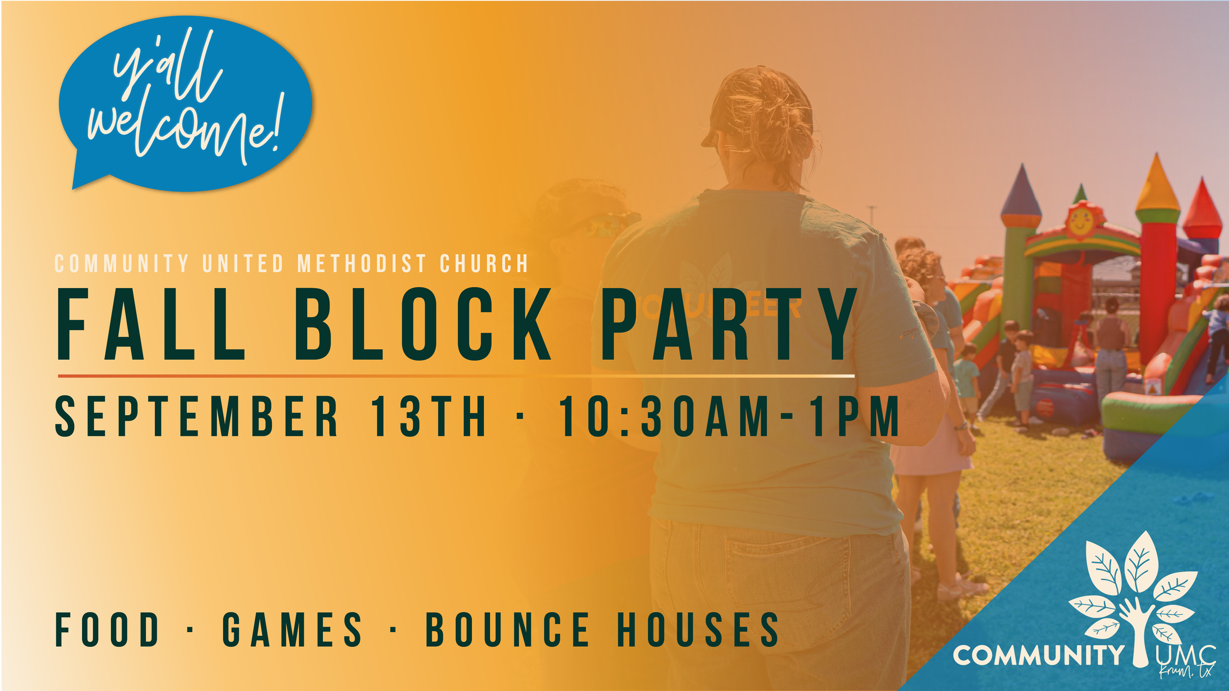 Fall Block Party — Community United Methodist Church — September 13th, 10:30am-1pm — Food, Games, Bounce Houses