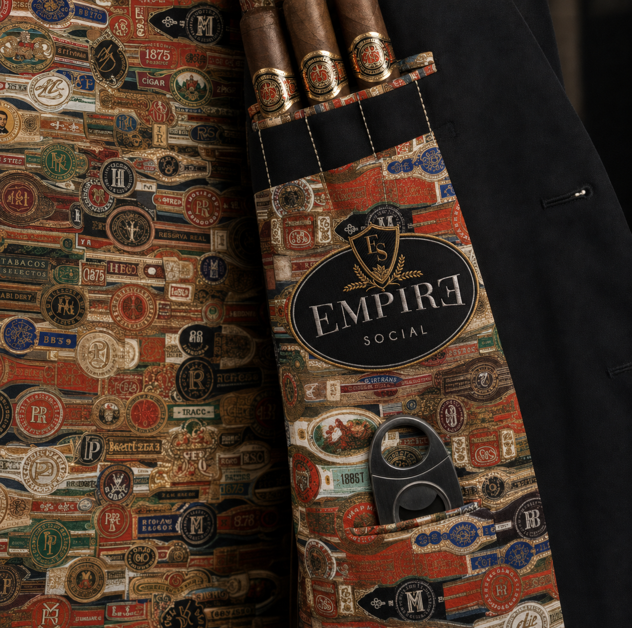 Empire emblem, cigar sleeve and cutter pocket detail