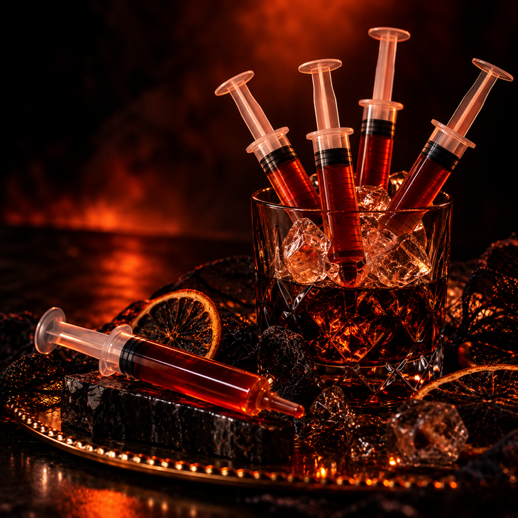 Amber shots served in syringes over a glass of ice