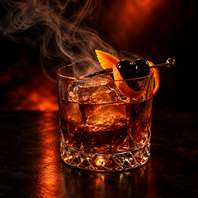 A smoked old fashioned with an orange peel and cherries, smoke curling off the glass