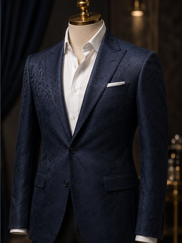 The classic cut navy jacquard smoking jacket