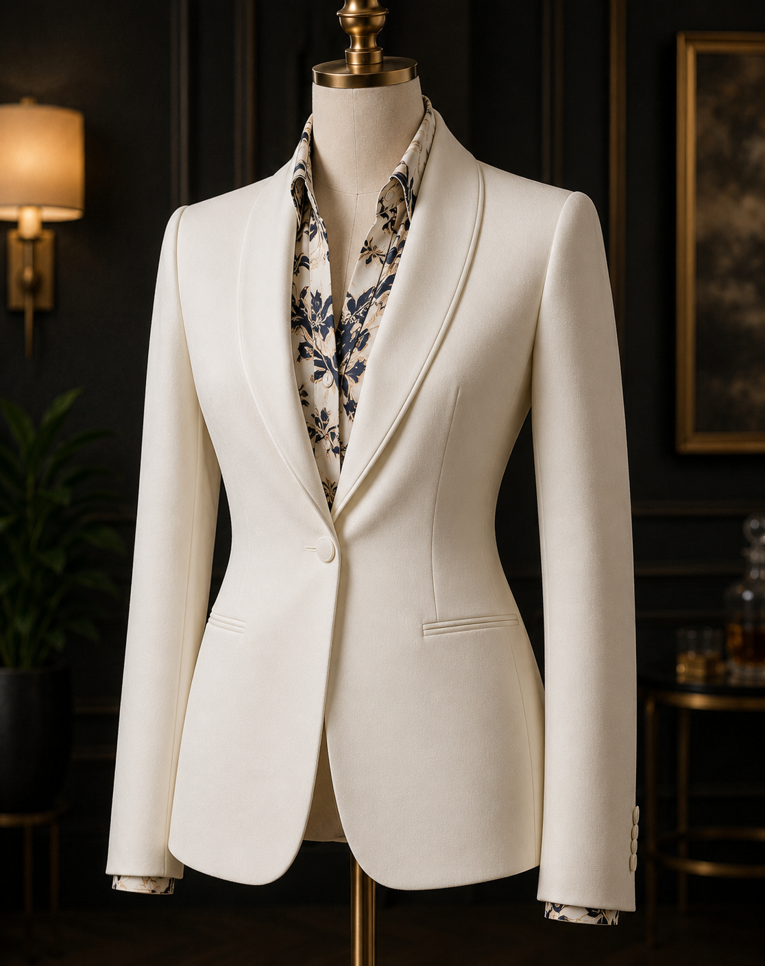 The feminine cut ivory smoking jacket