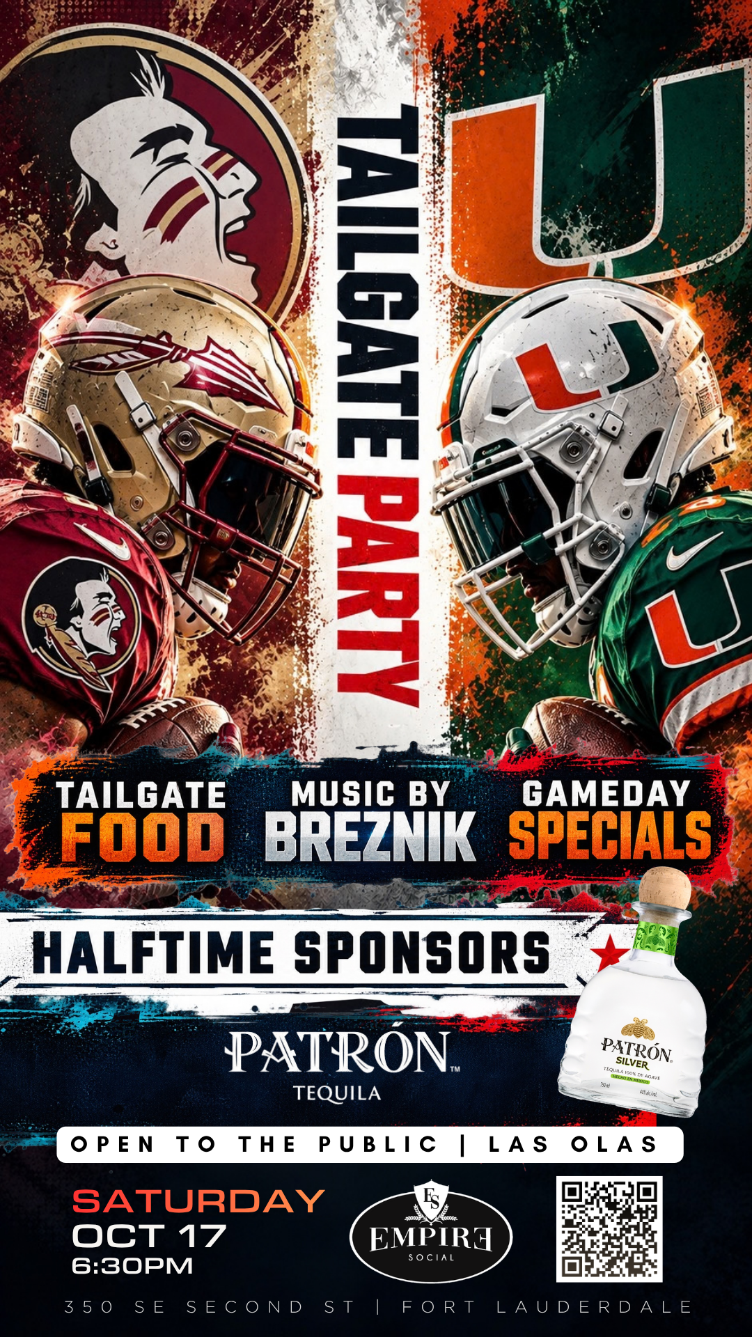 FSU vs Miami Tailgate Party October 17 at Empire Social Lounge Las Olas