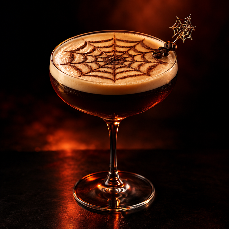 An espresso martini in a coupe with a spiderweb drawn in the foam