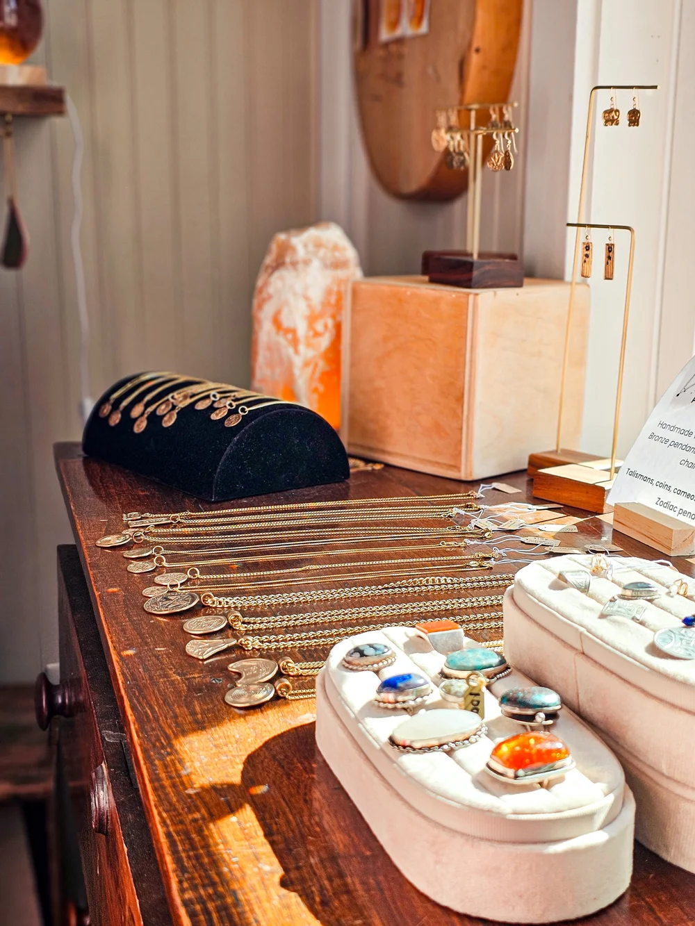 Handmade talisman jewellery and Himalayan salt lamp at Little Rituals Ocracoke