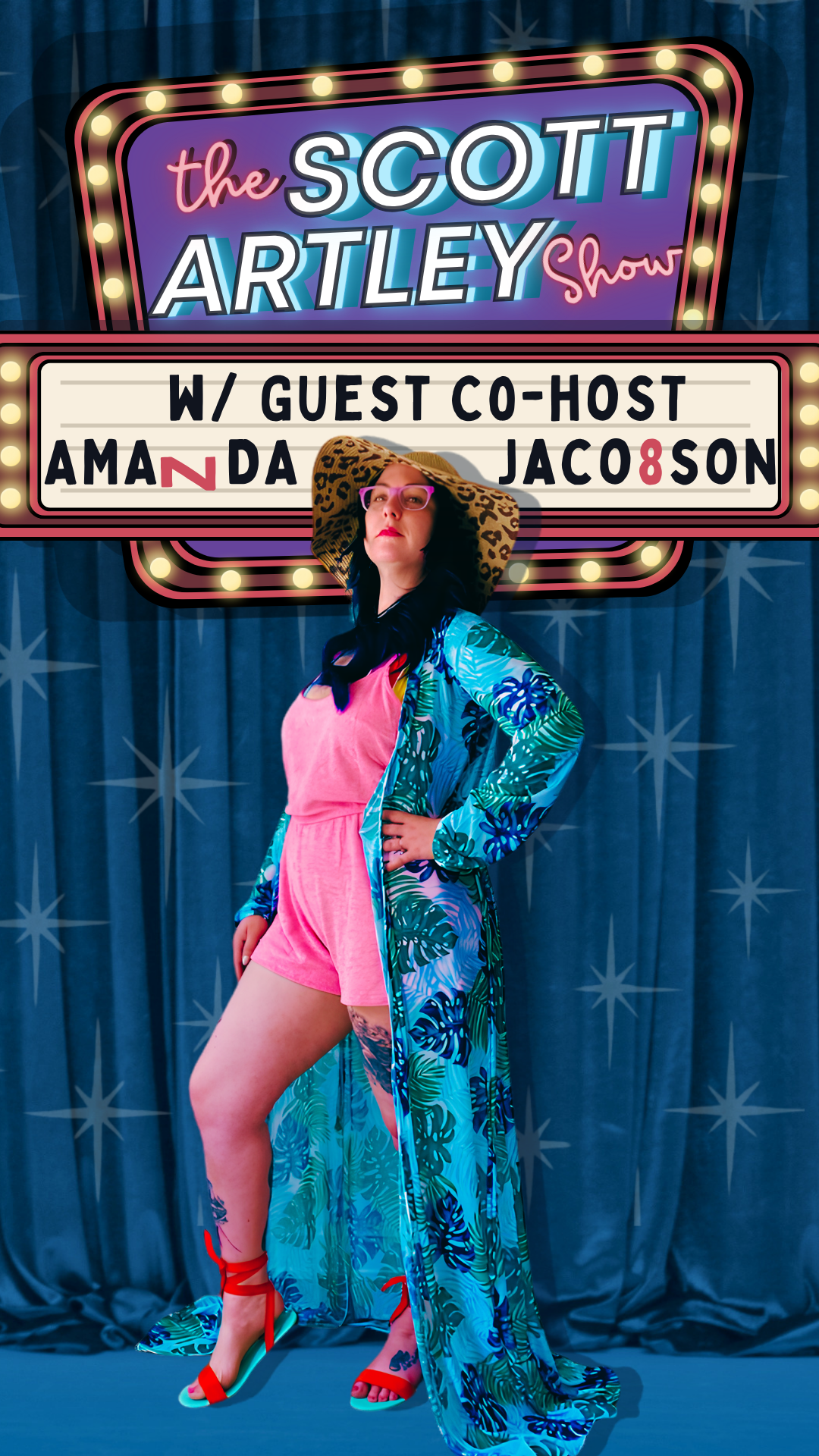 Amanda Jacobson in front of The Scott Artley Show marquee reading 'W/ Guest Co-Host Amanda Jacobson'