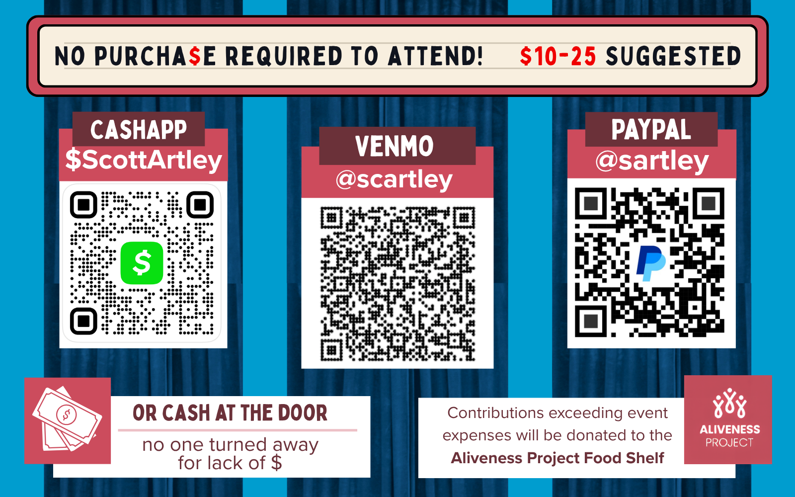 QR codes for Cash App, Venmo, and PayPal. Equivalent text links follow.
