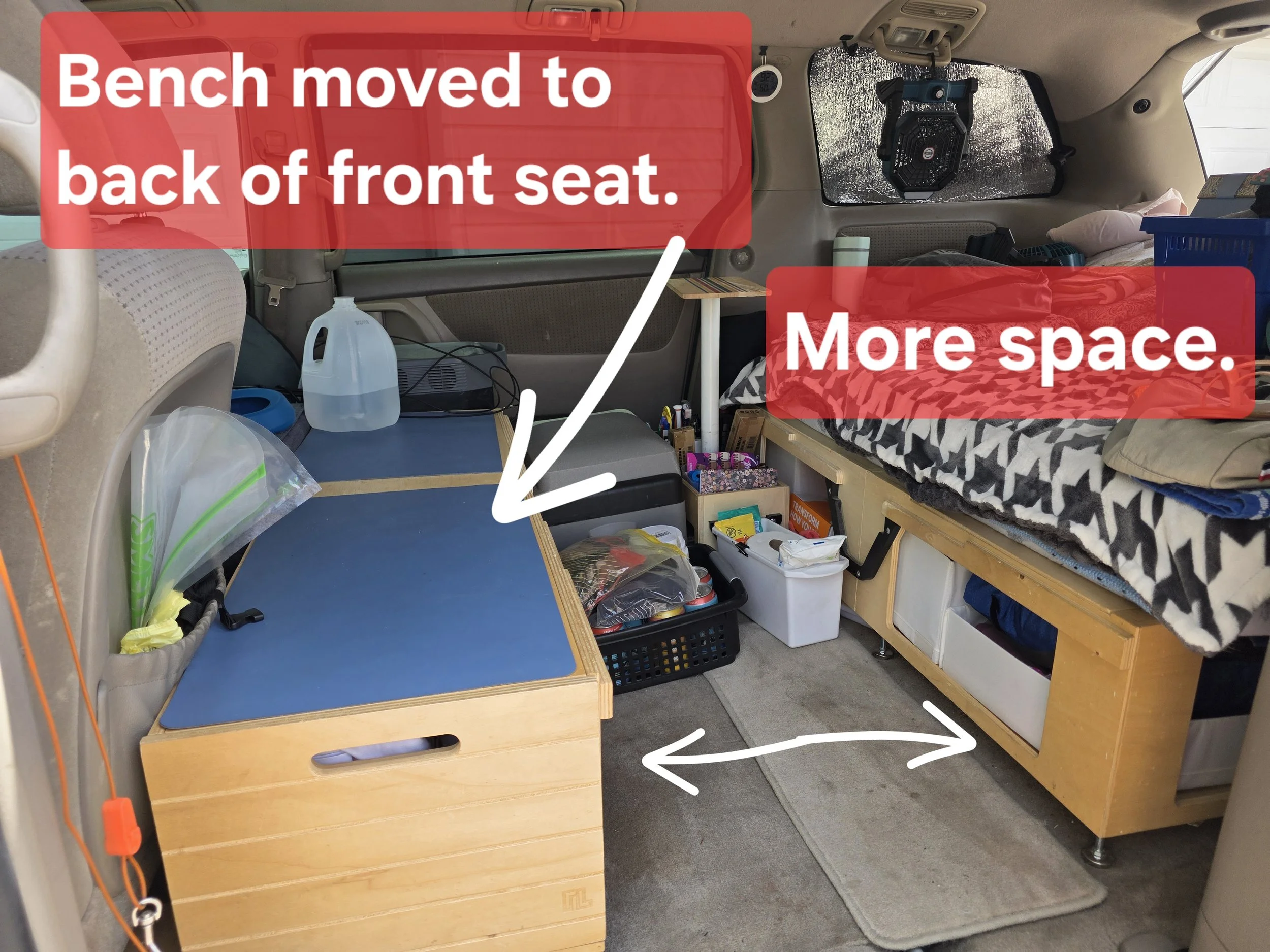 Roadloft bench relocated behind the front seats to open up the middle of the minivan