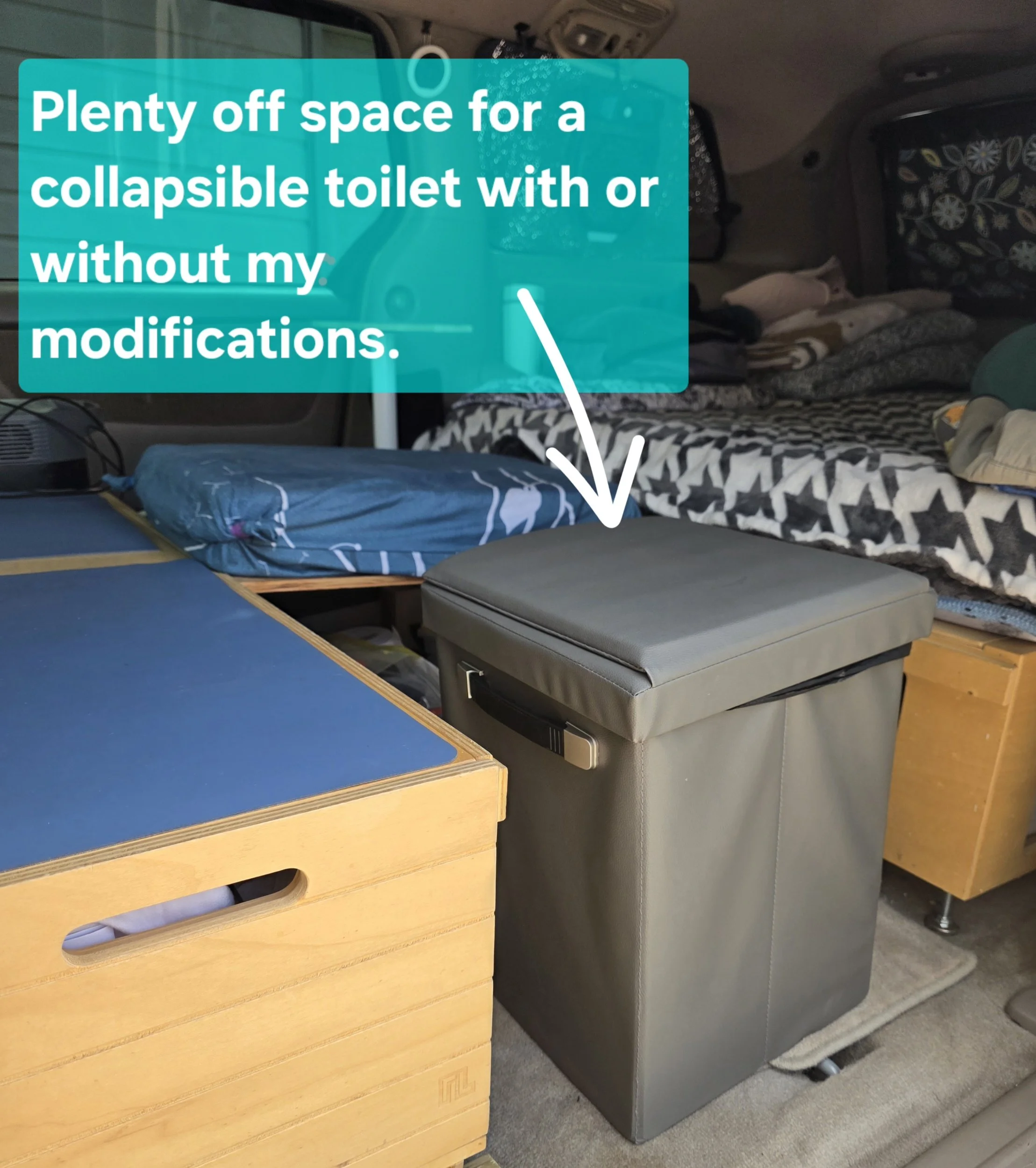 Portable collapsible toilet in its dedicated space within the Roadloft minivan kit