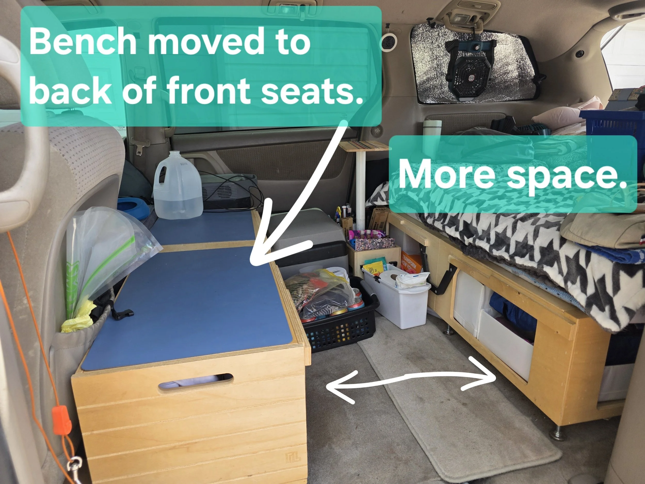Roadloft bench relocated behind the front seats to open up the middle of the minivan