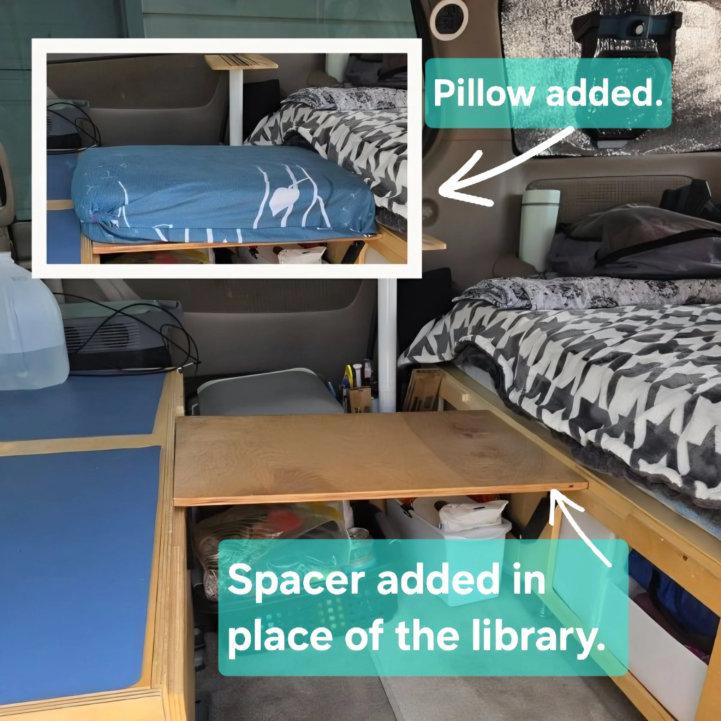 Pillow-sized wooden spacer board between the main Roadloft unit and the bench