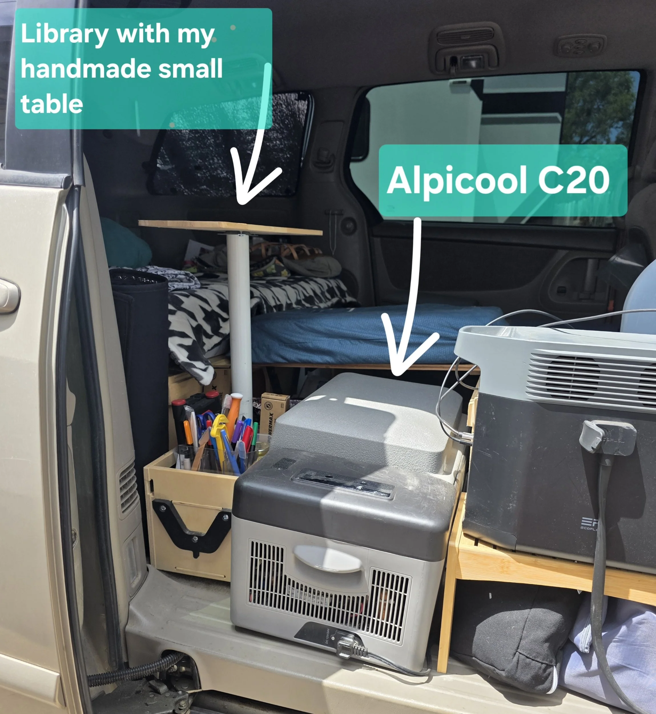 Refrigerator positioned in the opened middle space of the Roadloft minivan kit