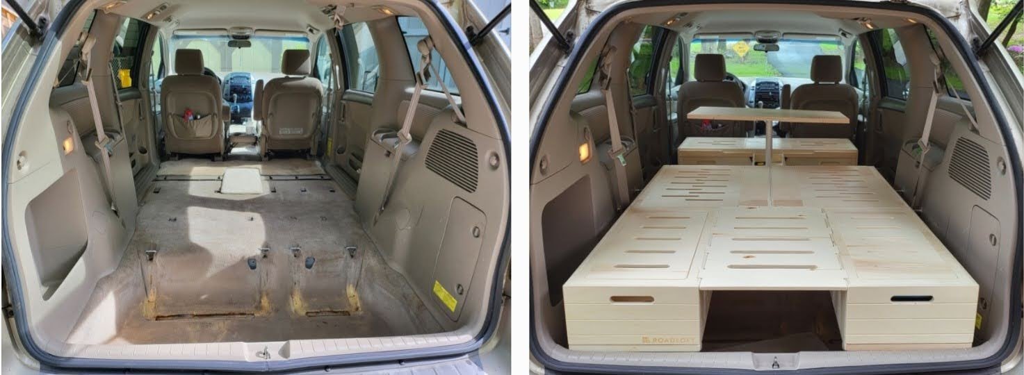 Empty Toyota Sienna cargo area next to the same van with the Roadloft kit installed