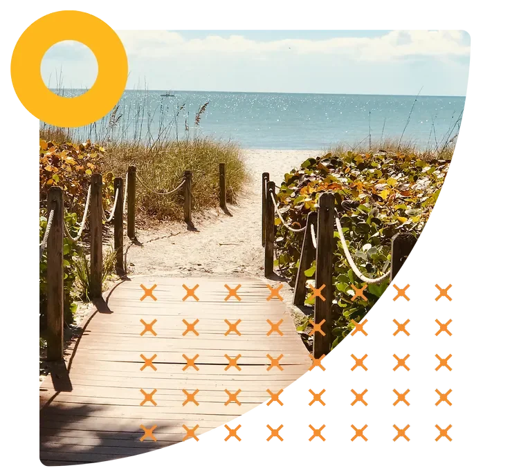 A sandy boardwalk path leading through dune plants to the beach