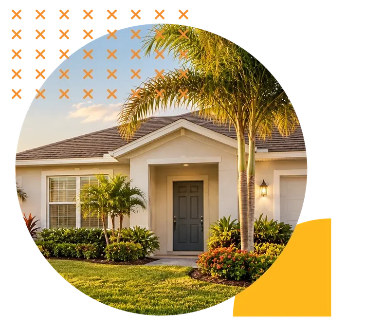A single-story Florida home with a gray front door, palm trees, and tropical landscaping at sunset