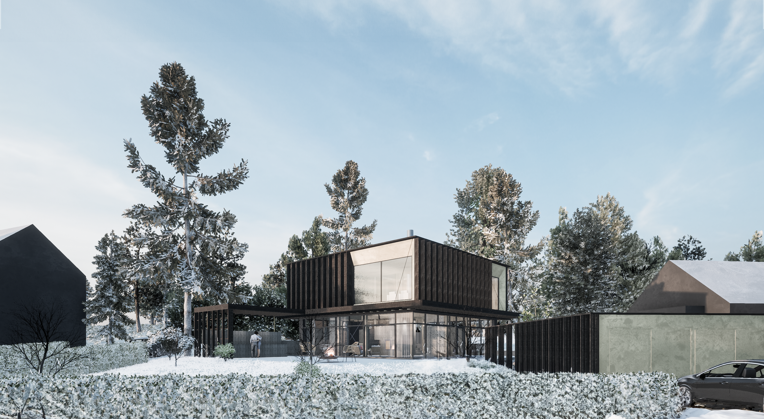 Villa Barken — exteriör, korslimmat trä med mörk träfasad omgiven av tallskog