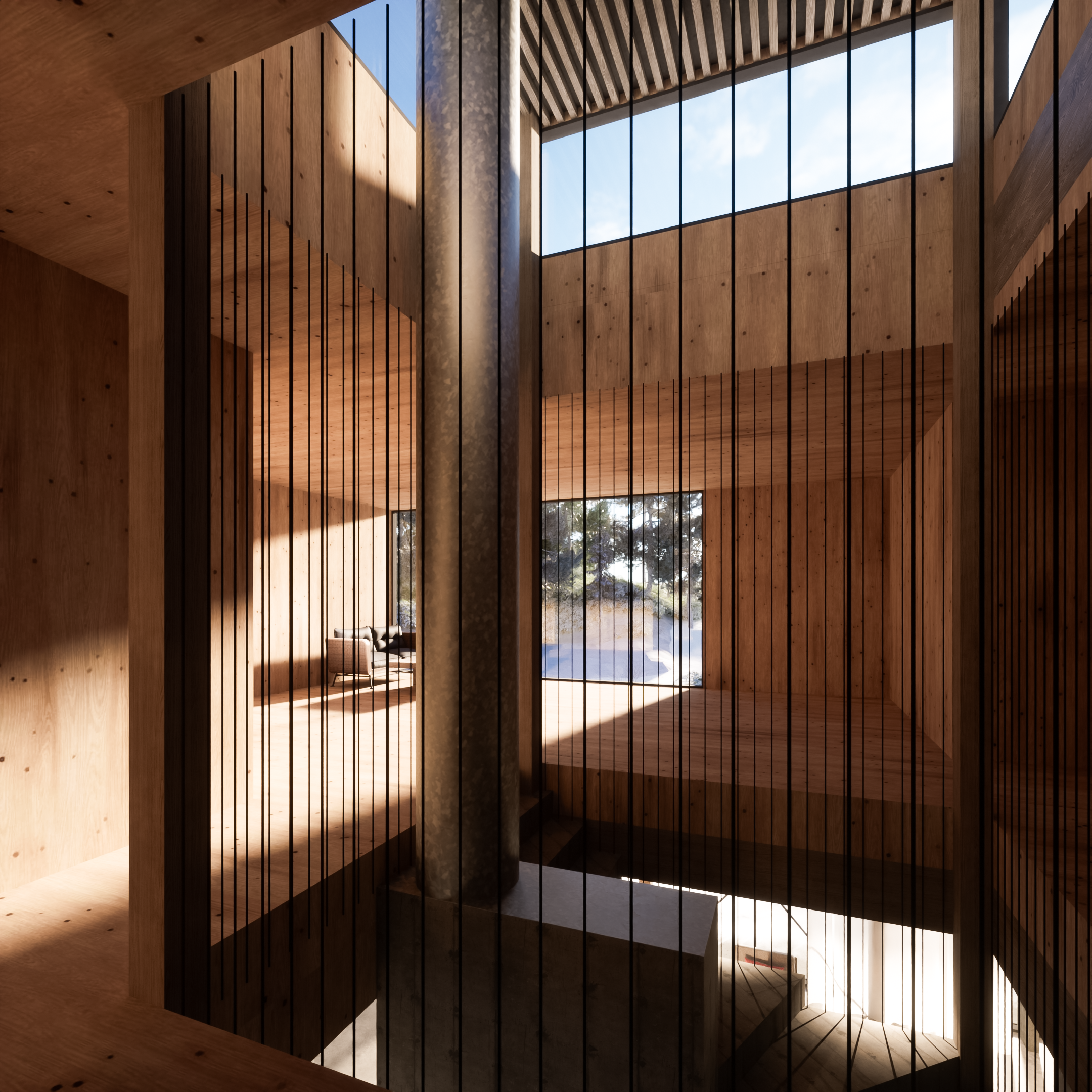 Villa Barken — interiör med vertikala lameller