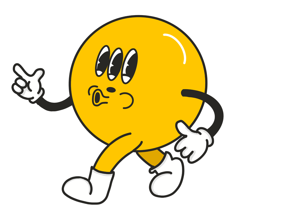 Lando, the three-eyed yellow Outlanders mascot, strutting and pointing