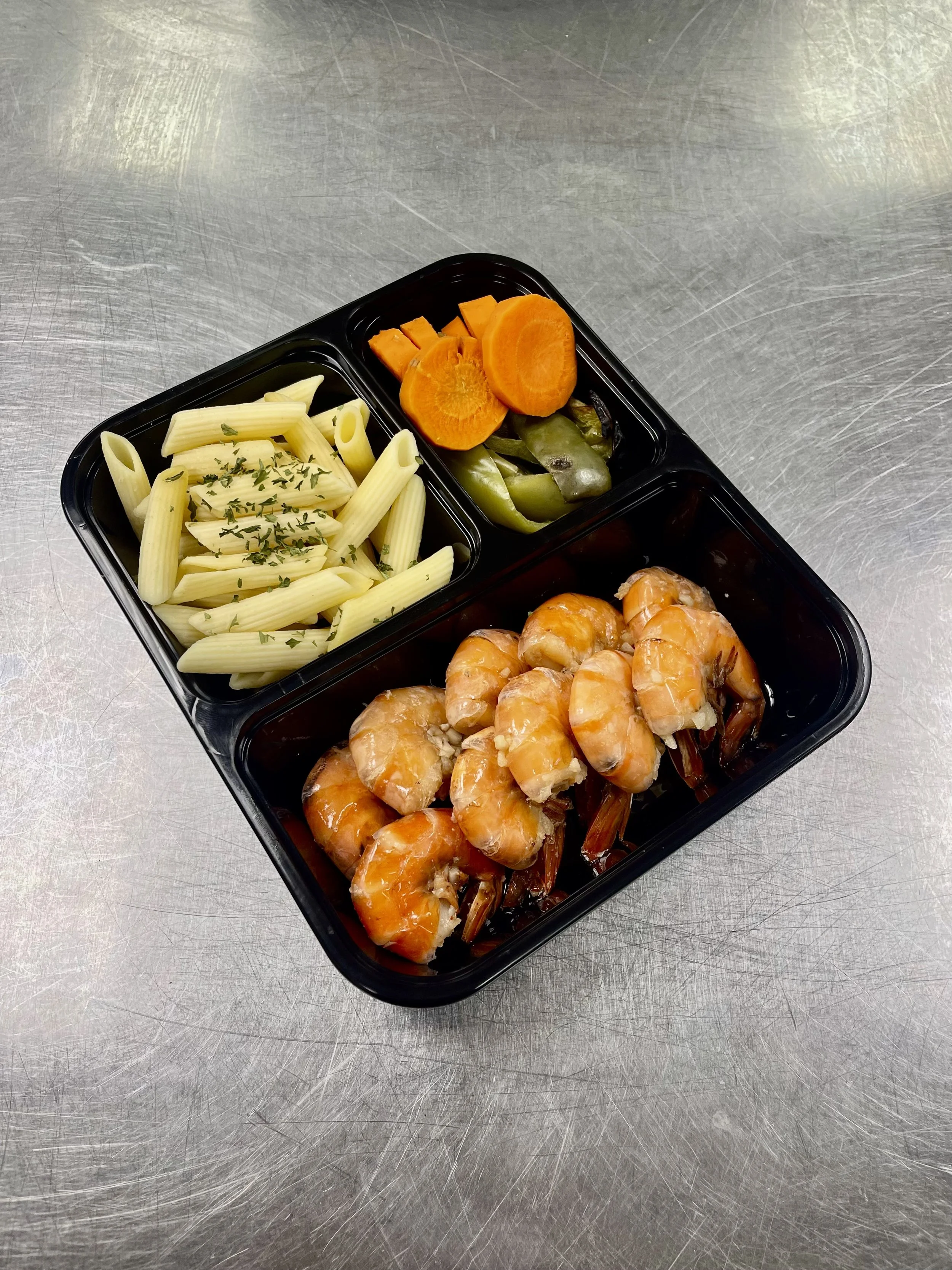 Salt & Pepper Shrimp meal with carb and vegetable sides