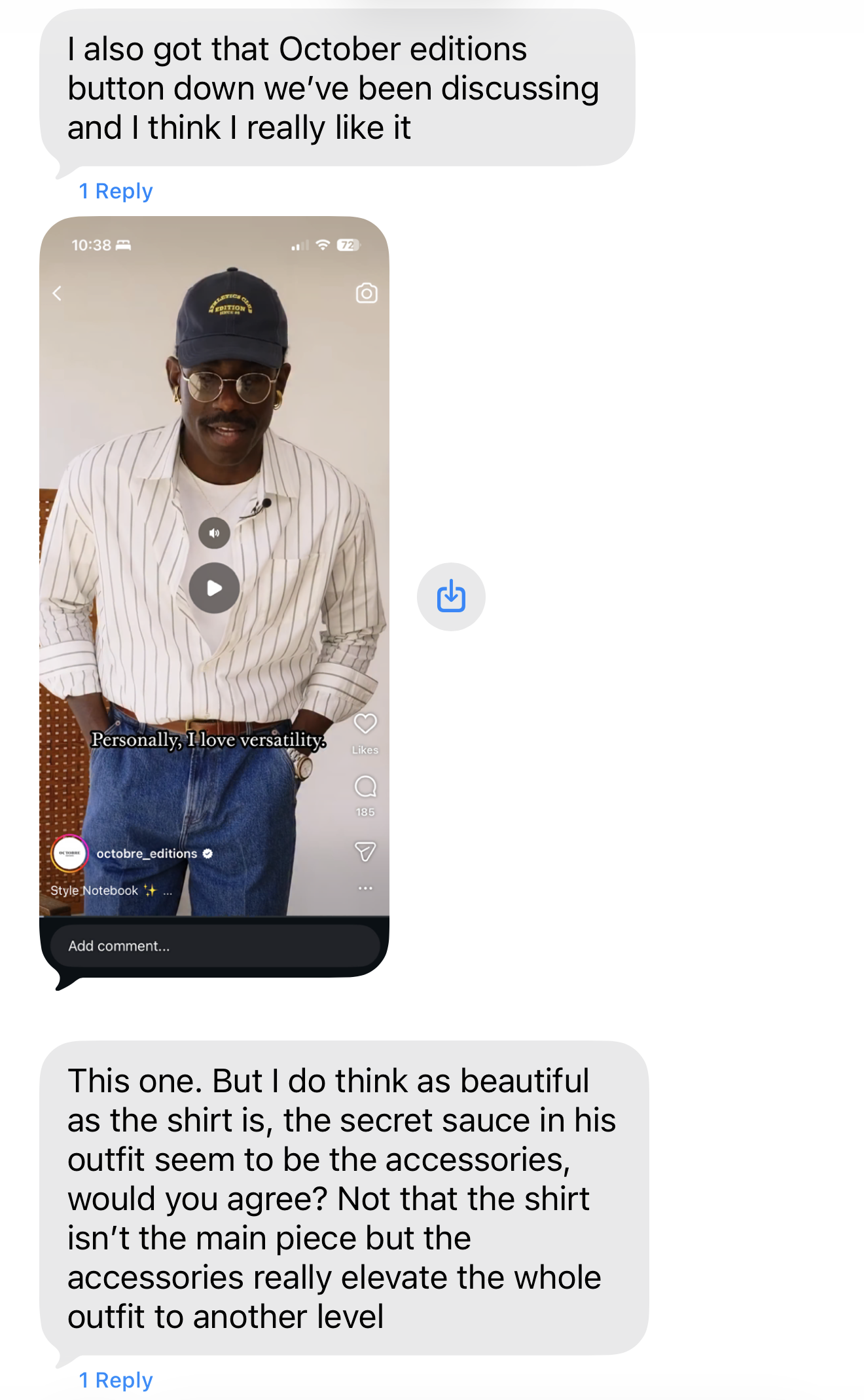 Client text exchange sharing outfit inspiration and discussing accessories