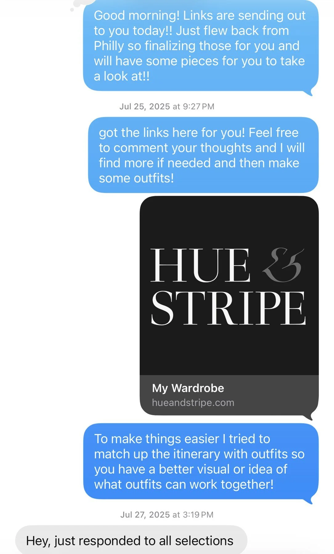 Text conversation with Jax sharing wardrobe links and coordinating outfits.