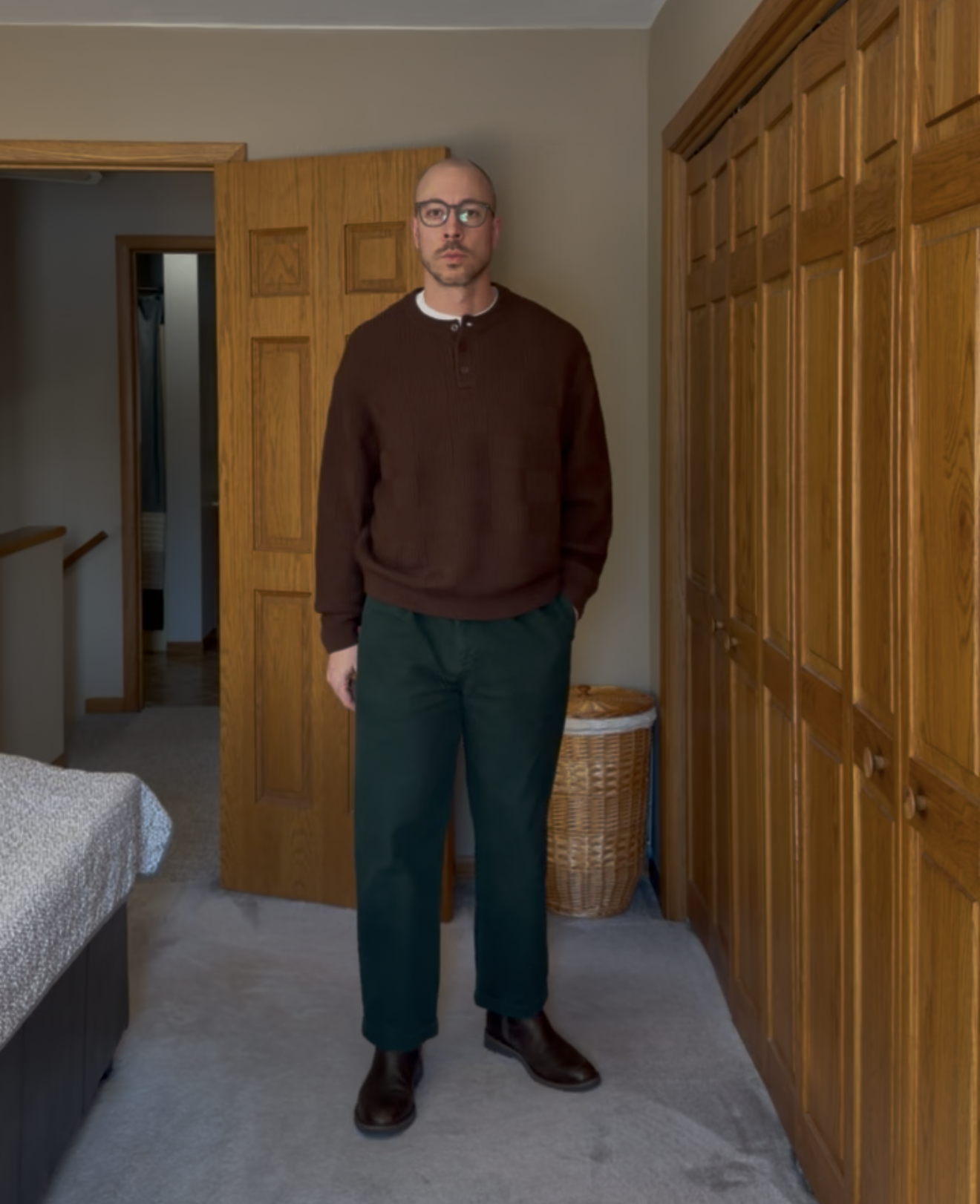 Brown knit with green trousers and boots