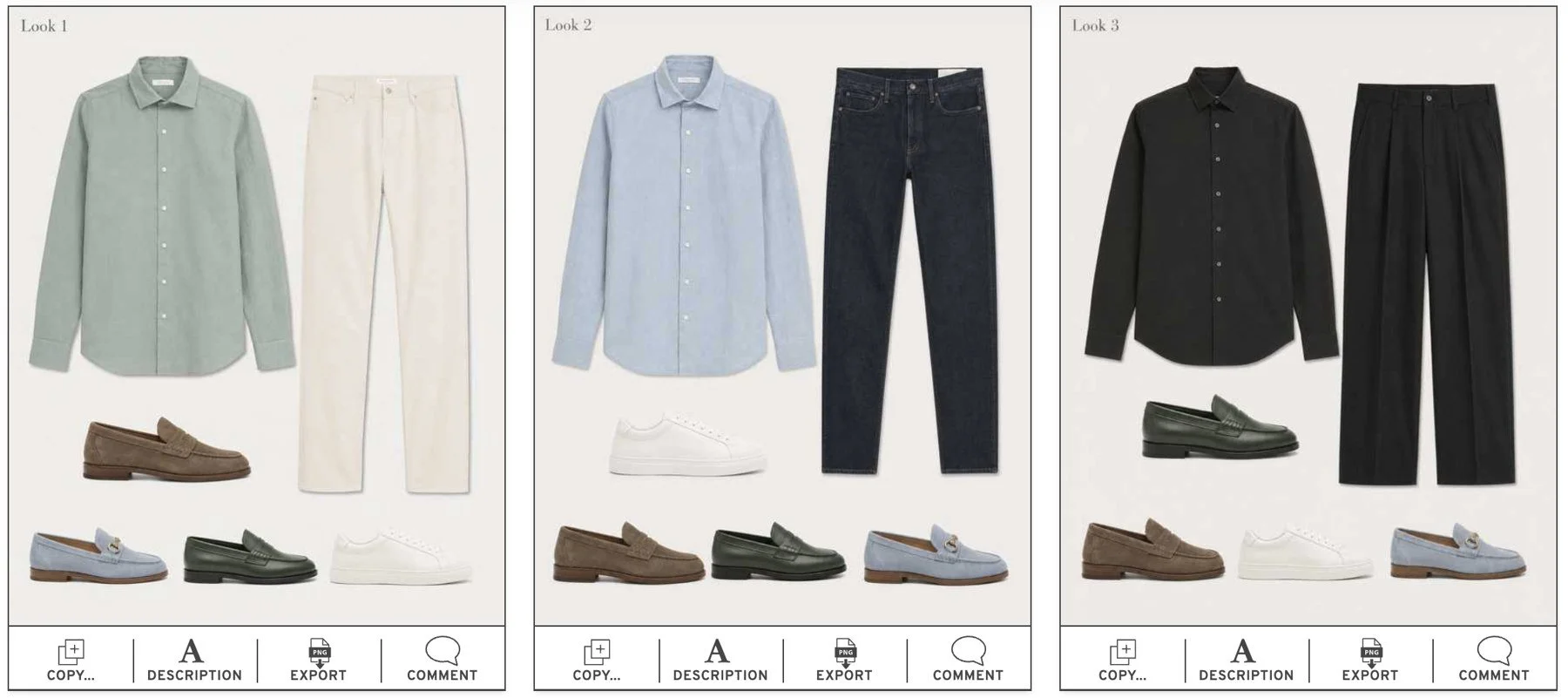 Three coordinated client outfits with shirts, trousers, and footwear options.