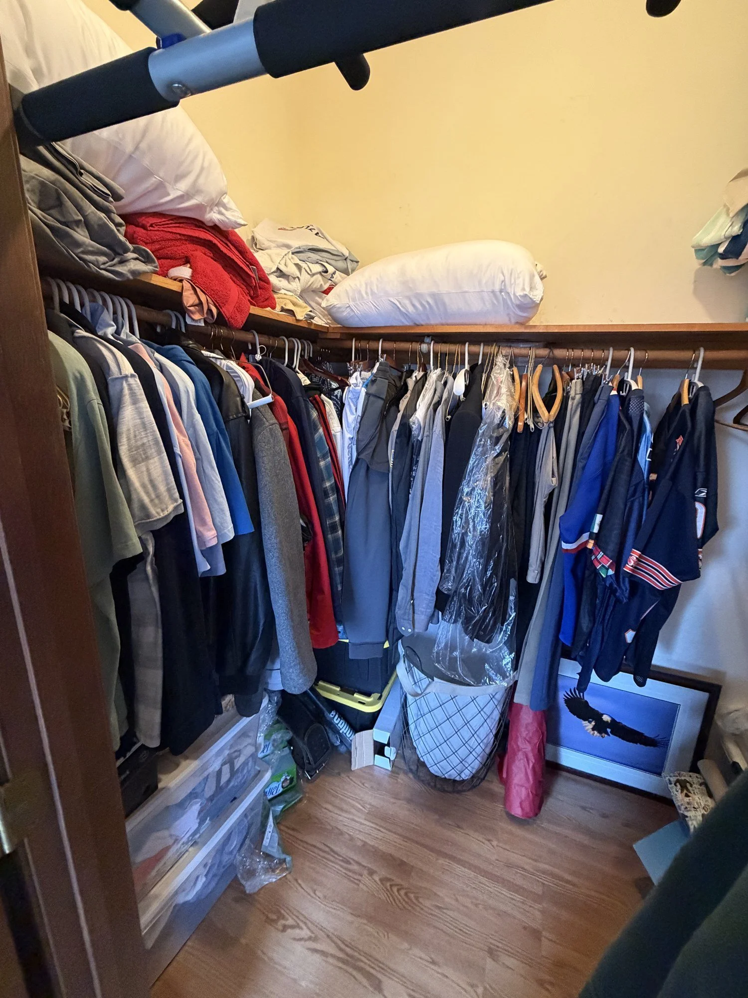 Closet before the audit, with mixed hanging garments and loosely stored items on the upper shelf