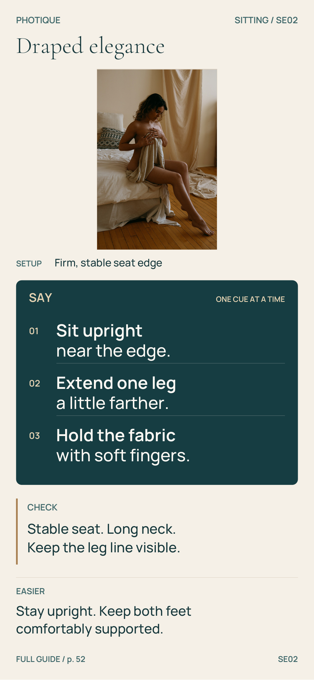 Actual Draped elegance mobile card: reference photograph, three spoken cues, photographer checks and an easier option