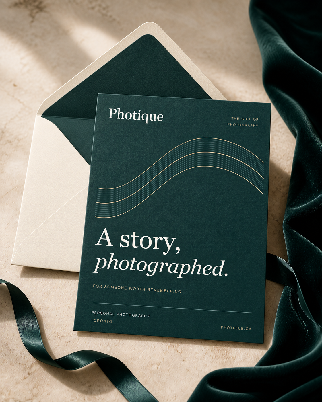Photique gift presentation concept with a deep-green card, ivory envelope and ribbon