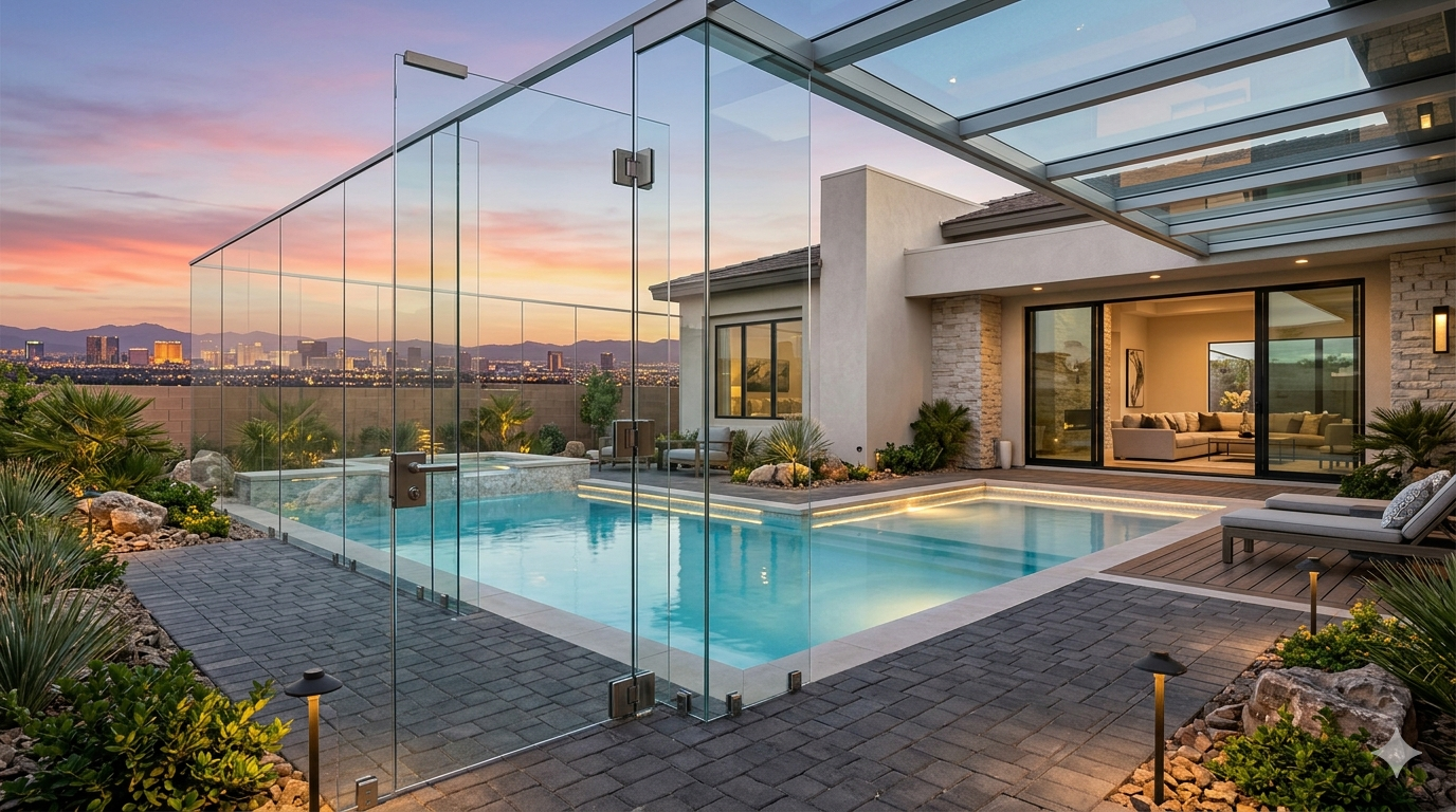 clear glass pool enclosure overlooking Las Vegas backyard