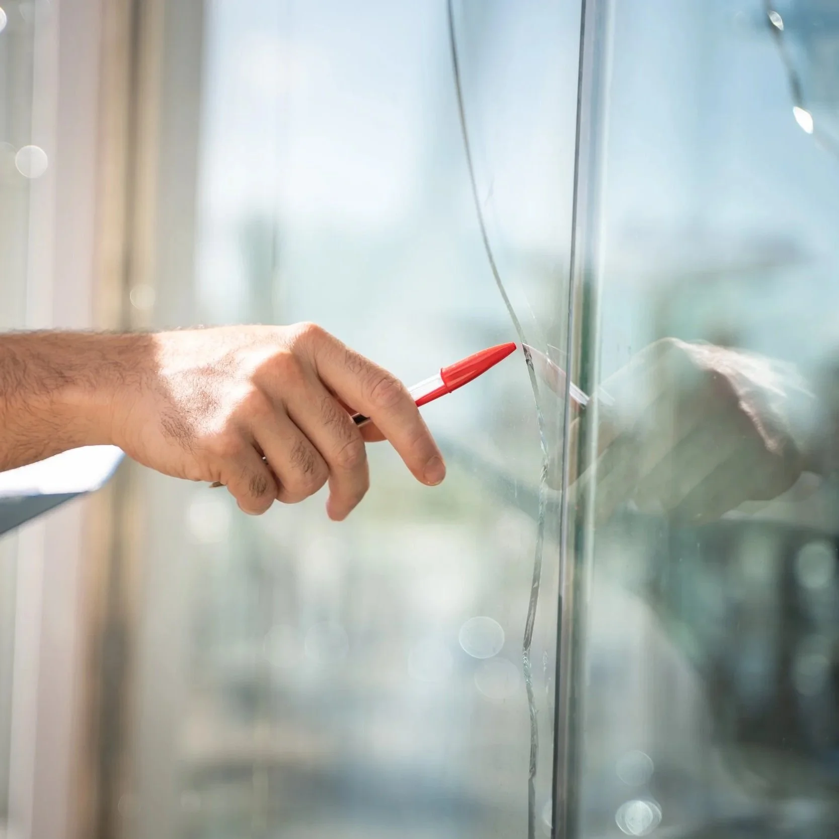 single hairline crack spreading across residential window pane