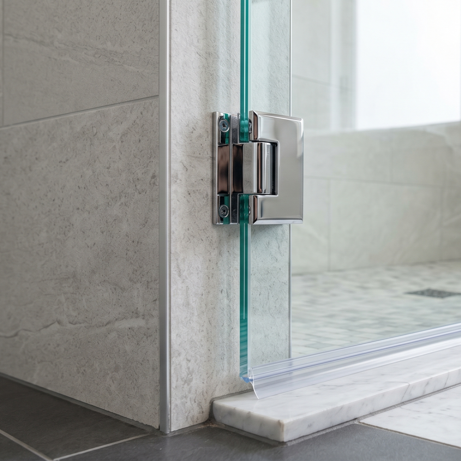 Frameless shower door hinges and pivot mechanism