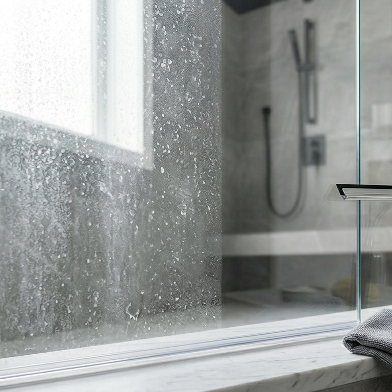 clear shower glass with hazy mineral stain streaks